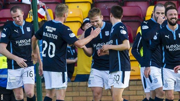 Greg Stewart is congratulated by his Dundee team-mates after making it 3-0 against Motherwell