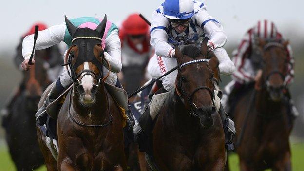 James Doyle riding Noble Mission (left) win the Champions Stakes from Al Kazeem (right)