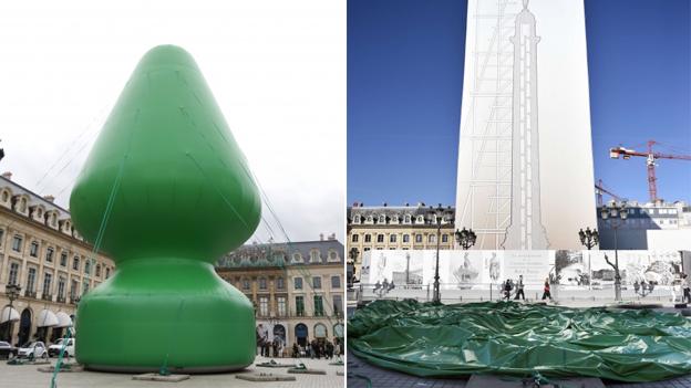 Before and after views of the sculpture on Place Vendome