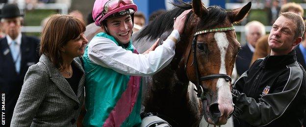 Lady Jane Cecil (left) and James Doyle (centre) celebrate with Noble Mission