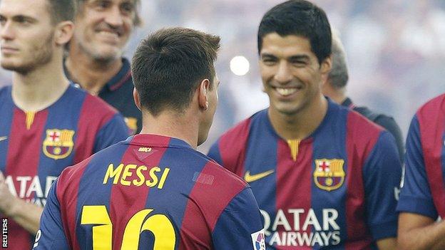 Barcelona players Lionel Messi and Luis Suarez