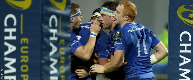 Leinster celebrate Dominic Ryan's winning try against Wasps