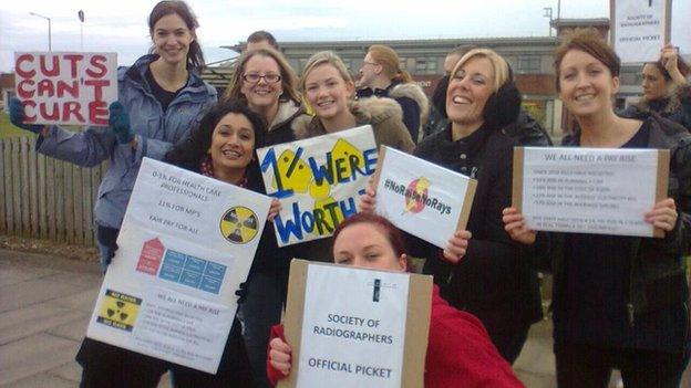 Radiographers on strike outside a hospital