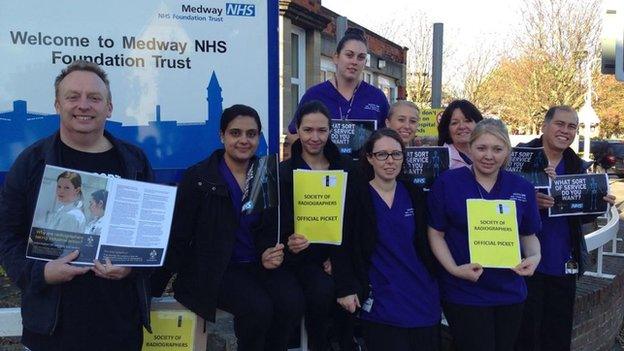 Radiographers on strike outside a hospital