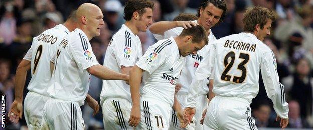 Real Madrid celebrate scoring against Barcelona in April 2005