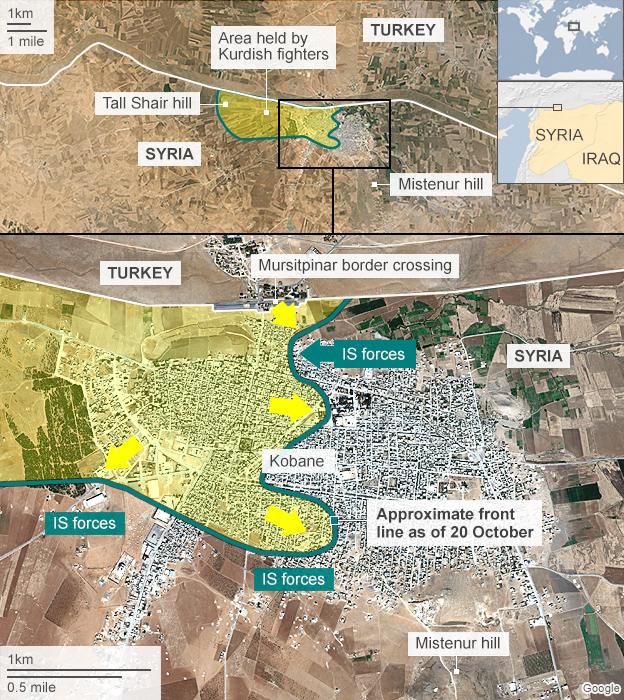 Map showing advances made by IS and Kurdish fighters in Kobane