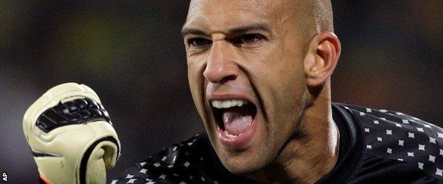 Tim Howard celebrates while playing at the summer's world cup