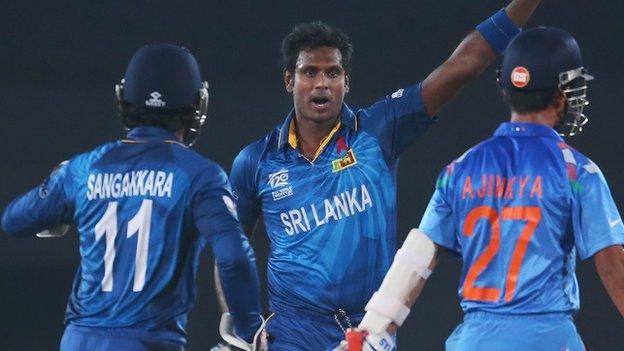 Sri Lanka's Kumar Sangakkara and Angelo Mathews, and India's Ajinkya Rahane