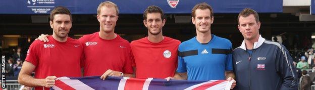 Great Britain's Davis Cup team: Colin Fleming, Dominic Inglot, James Ward, Andy Murray and captain Leon Smith celebrate their 3-1 victory against the United States.