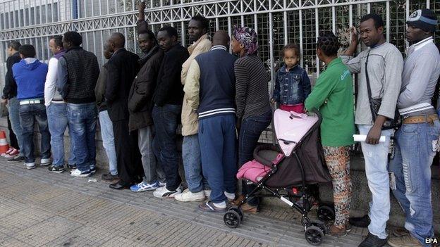 Migrants queue outside the Asylum Service of the Public Order Ministry of Greece (1 Oct 2014)