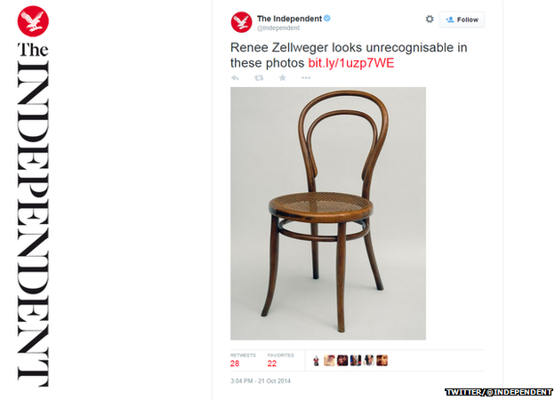 Tweet from The Independent showing a chair, reading " Renee Zellweger looks unrecognisable in these photos."