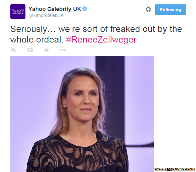 Tweet from Yahoo Celebrity UK reading: "Seriously... we're sort of freaked out by the whole ordeal. #ReneeZellweger."