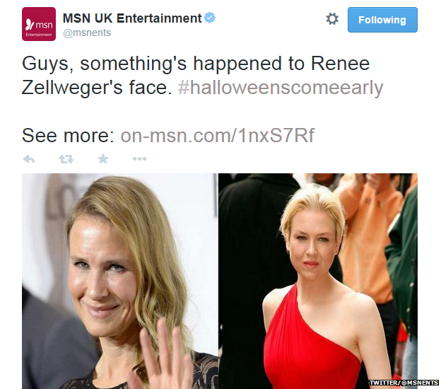 Tweet from MSN UK Entertainment reading: Guys, something's happened to Renee Zellweger's face. #halloweenscomeearly. See more."