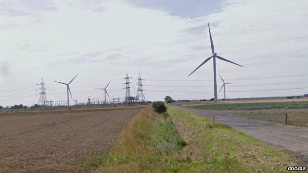 Pylons and turbines on Bicker Fen, near Boston