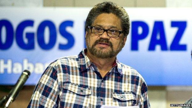 Farc negotiator Ivan Marquez reads a statement during the peace talks with the Colombian government in Havana on 23 September, 2014.