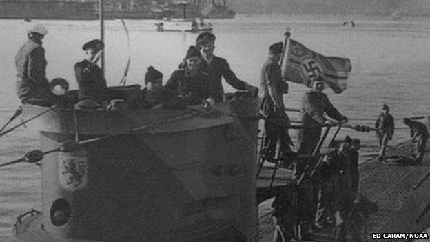 Crew of the German U-boat 576 on the deck of their submarine