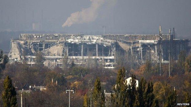 The damaged main terminal of the Donetsk Sergey Prokofiev International Airport