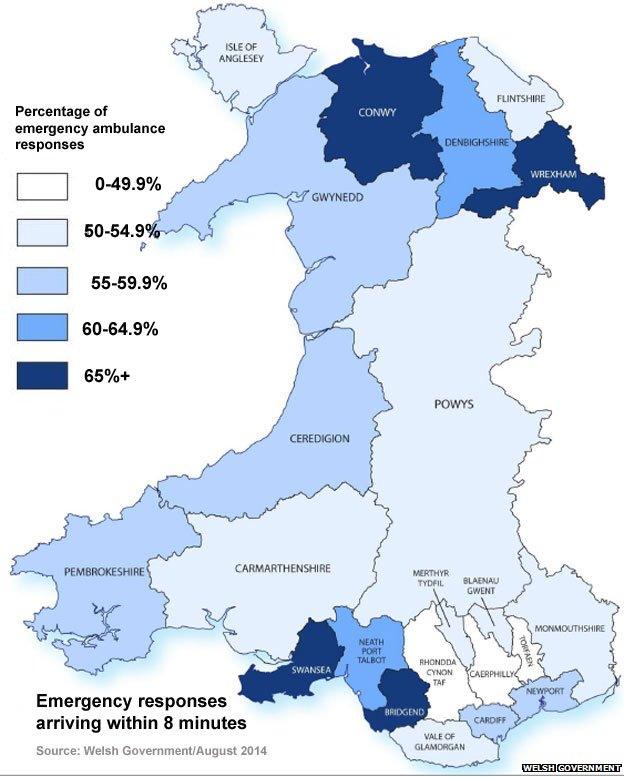 The map of response times across Wales for August