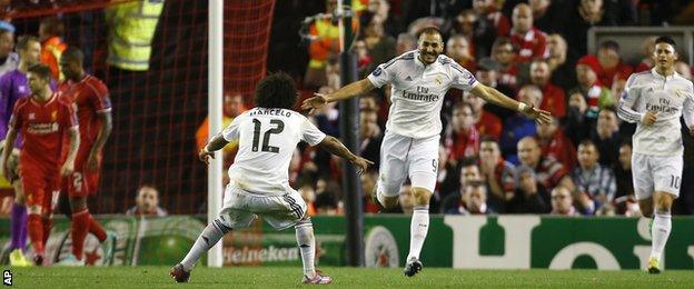 Karim Benzema scored twice in the first half for Real Madrid against Liverpool