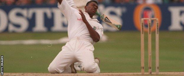 Ian Bishop celebrates for West Indies