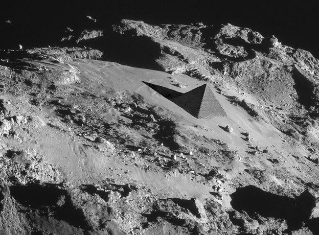 Artist's impression showing the Cheops pyramid to scale on the surface of Comet 67P