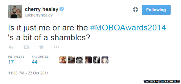 Tweet from Cherry Healey reading: "Is it just me or are the #MOBOAwards2014's a bit of a shambles?"