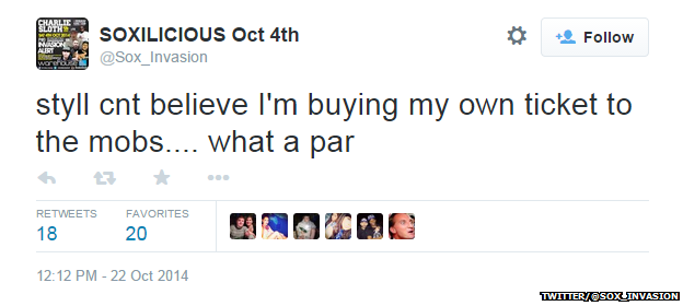Tweet fromox reading: "Styll cnt believe I'm buying my own ticket to the mobs... what a par.