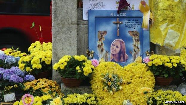 Flowers and messages of condolence besides the clock tower in Hanwell