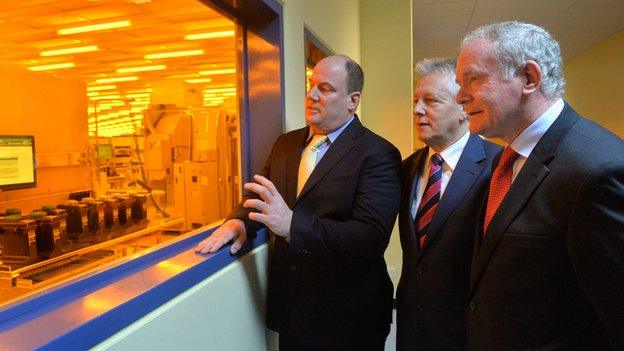 Peter Robinson and Martin McGuinness are pictured with Dave Mosley from Seagate