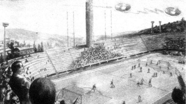 Artist's impression of UFOs over stadium
