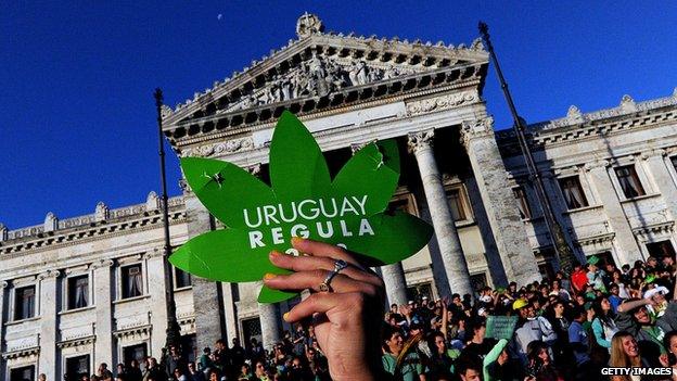 People take part in a demo for the legalisation of marijuana in front of the Legislative Palace in Montevideo on 10 December, 2013