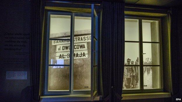 View from the window with the name of the street in Warsaw during the WWII at the Holocaust gallery