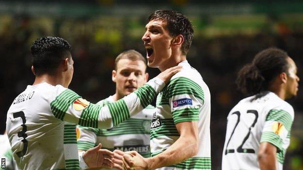 Stefan Scepovic savours his first goal for Celtic after netting the opener against Astra Giurgiu of Romania