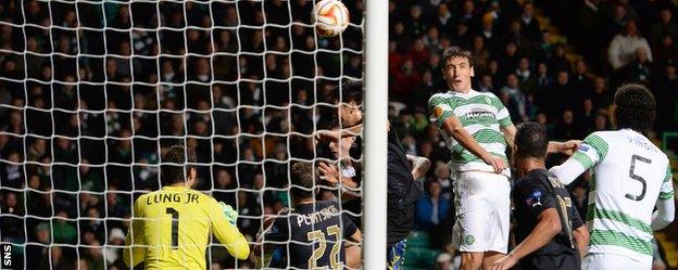 Stefan Scepovic rises to nod his first goal for Celtic and give his side a crucial lead against Astra Giurgiu