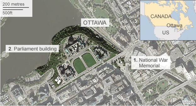 Map of Ottawa showing the National War Memorial and the parliament building - 22 October 2014