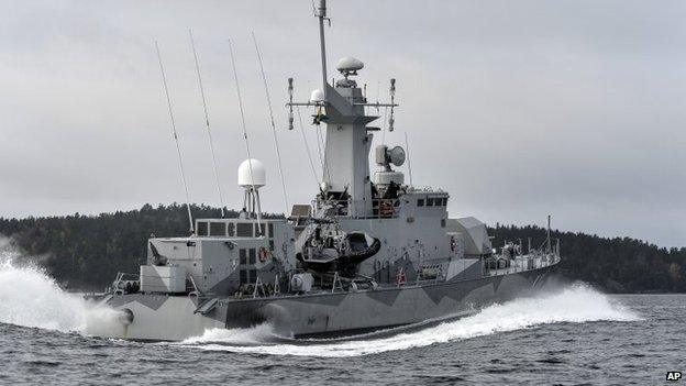 Swedish corvette HMS Stockholm patrols Jungfrufjarden in the Stockholm archipelago, Sweden, 20 October 2014