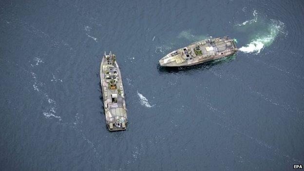 Swedish Navy fast-attack vessels engaged in a military operation in the Stockholm Archipelago, Sweden, 19 October 2014