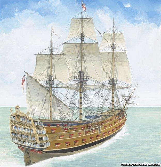 Artwork of HMS Victory, a first-rate Royal Navy warship wrecked in the English Channel in 1744 by John Batchelor