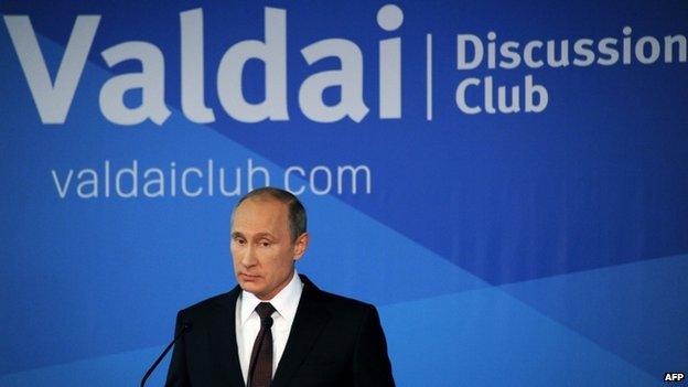 Russian President Vladimir Putin speaks on 24 October 2014 at a meeting of members of the Valdai International Discussion Club