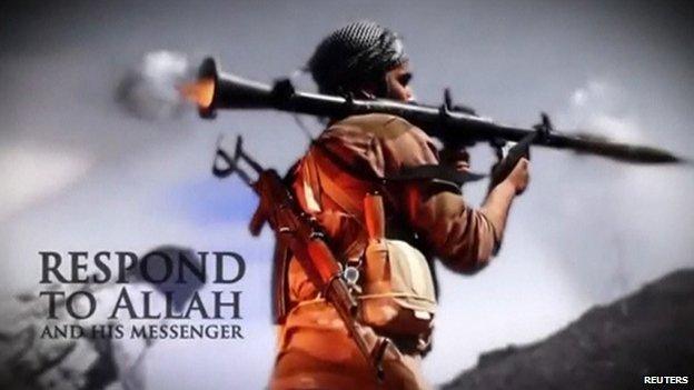 Still image taken from an undated recruitment video for Islamic State shot at an unknown location and uploaded to a social media website on 19 June 2014