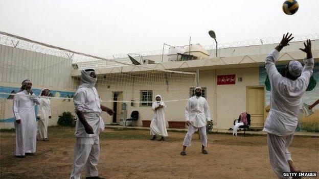 Former al-Qaeda militants play volleyball at the Care rehabilitation centre in Riyadh, Saudi Arabia on 15 April 2009