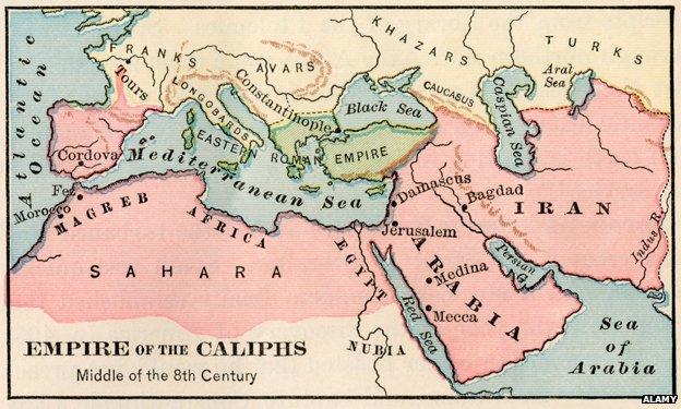 Map entitled "Empire of the Caliphs Middle of the 8th Century"