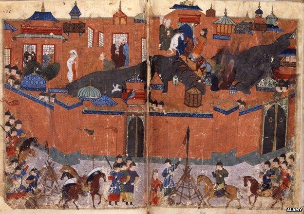 Mongols under the leadership of Hulagu Khan storming and capturing Baghdad in 1258, from the 'Jami al-Tawarikh'