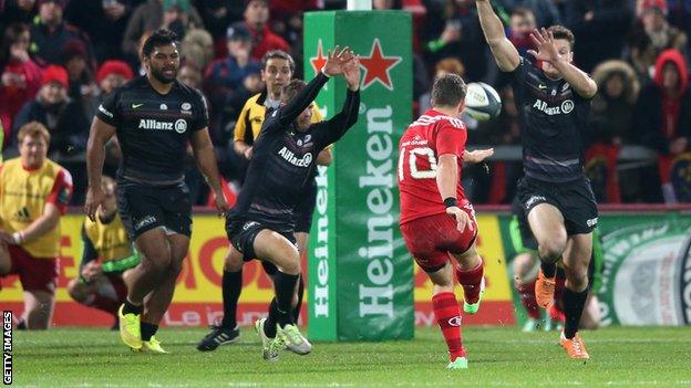 Munster's Ian Keatley kicks a drop goal