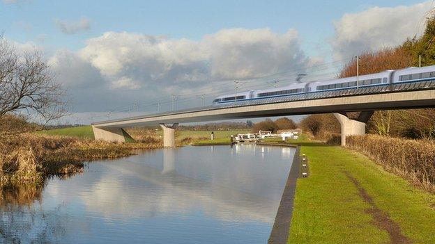 HS2 train travelling over viaduct (artist's image)