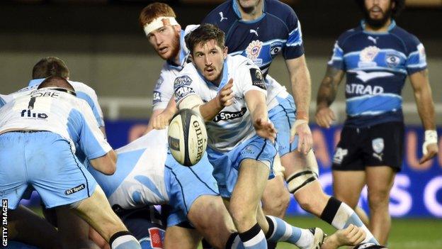 Glasgow Warriors scrum-half Henry Pyrgos offloads during the match against Montpellier