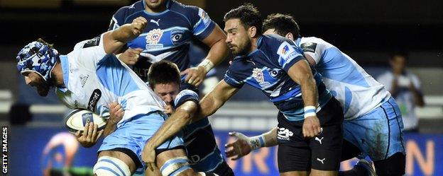 Glasgow Warriors number eight Josh Strauss in action against Montpellier