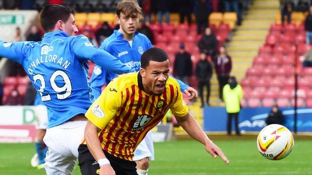 St Johnstone's Michael O'Halloran challenges Partick Thistle's Nathan Eccleston