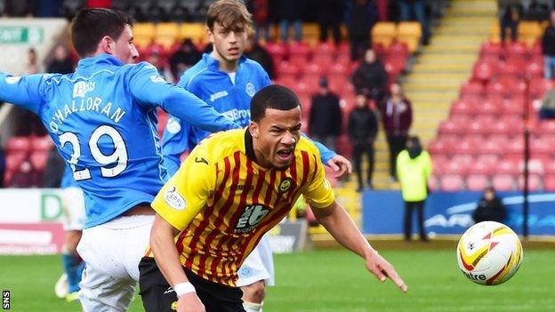 St Johnstone's Michael O'Halloran challenges Partick Thistle's Nathan Eccleston