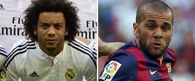 Real Madrid defender Marcelo (left) and Barcelona right-back Dani Alves